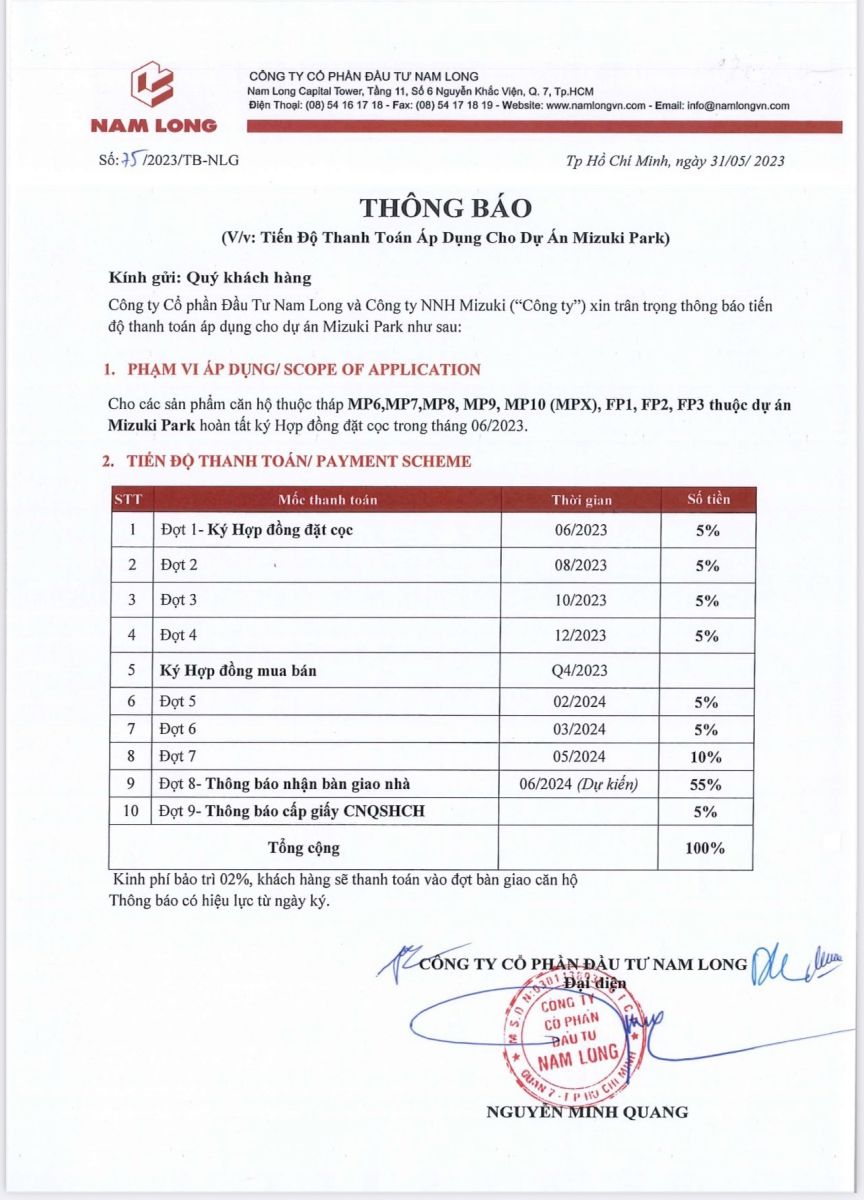 Lịch thanh toán Mizuki Park Nam Long