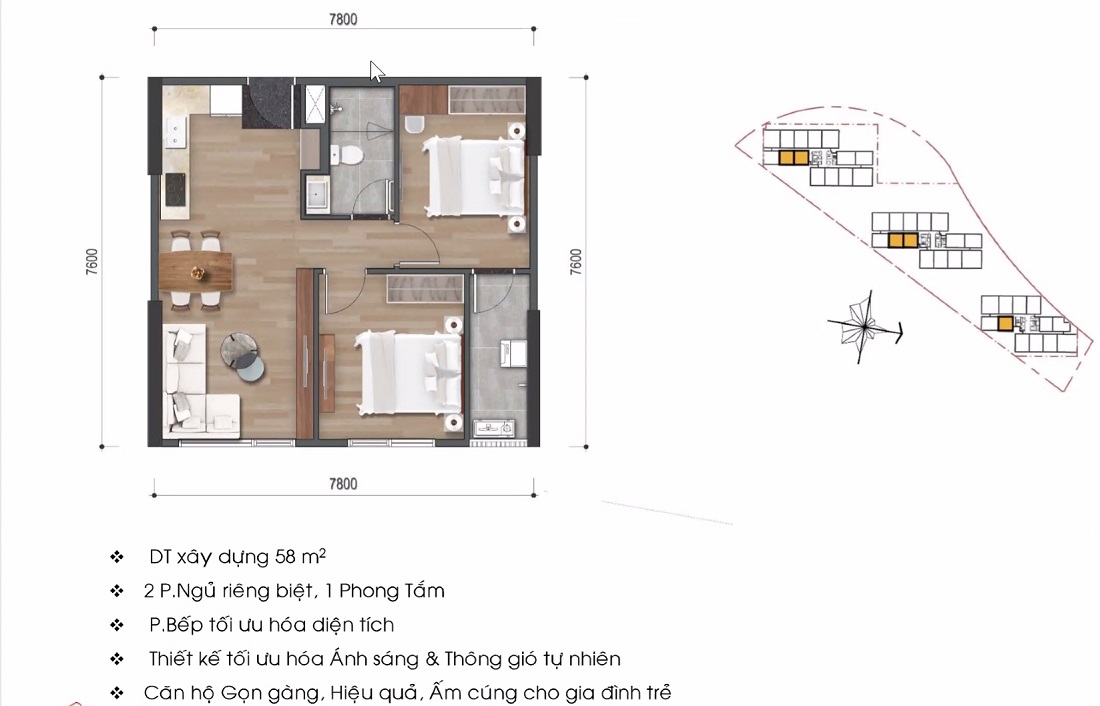 Thiết kế căn hộ 58m2 Mizuki Park Giai Đoạn 2