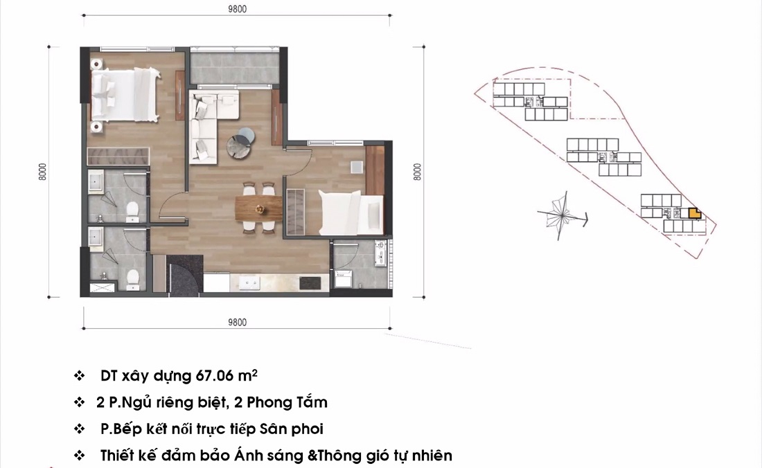Thiết kế căn hộ 67m2 Mizuki Park Giai Đoạn 2