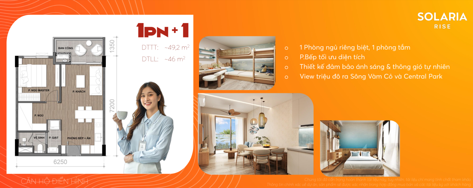 Thiết kế và mặt bằng căn 1+1PN Solaria Rise Waterpoint Nam Long