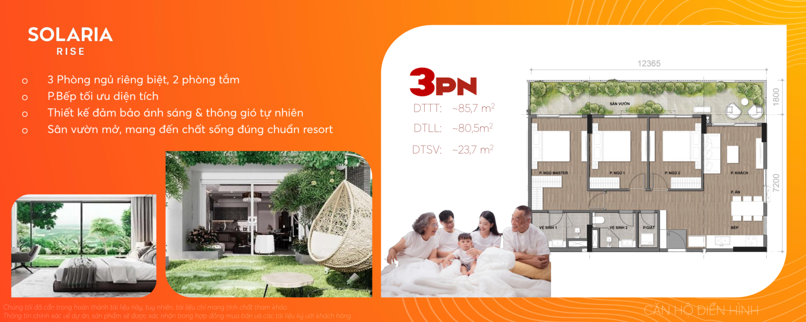 Thiết kế và mặt bằng 3PN Solaria Rise Waterpoint Nam Long