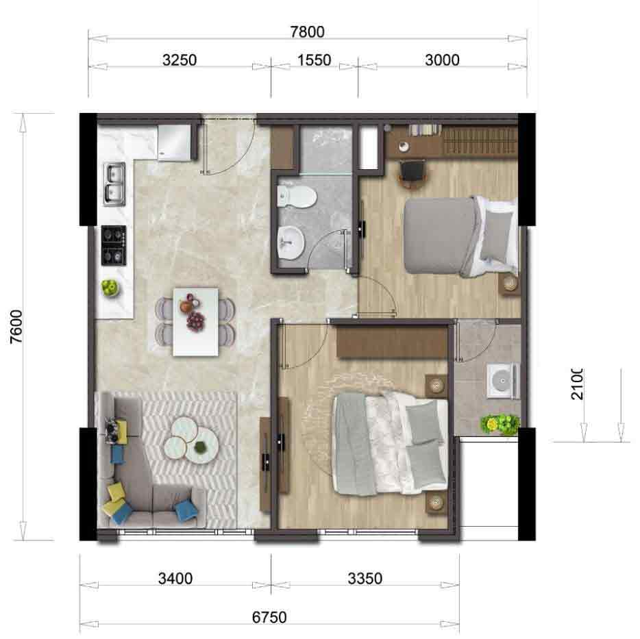 Thiết kế căn hộ Mizuki Park giai đoạn 1 56m2