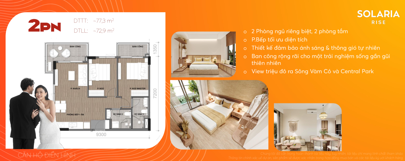 Thiết kế và mặt bằng 2PN Solaria Rise Waterpoint Nam Long